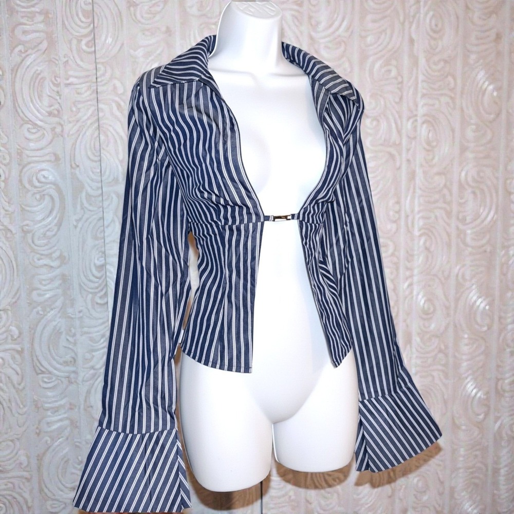 New Large Striped Long Sleeve Top Shirt Flare Y2k 90's Sexy Open Front
